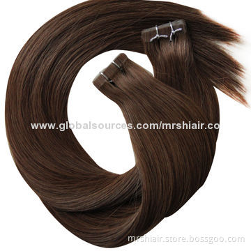 20-Inch dark brown color human virgin silk straight seamless tape weft hair extension